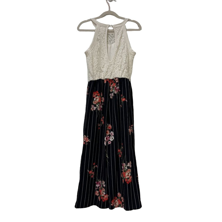 Sleeveless Jumpsuit w/Flowers, Lace Top