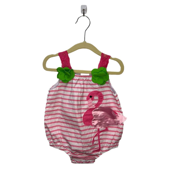 Lace Straps Stripe Romper / Flamingo