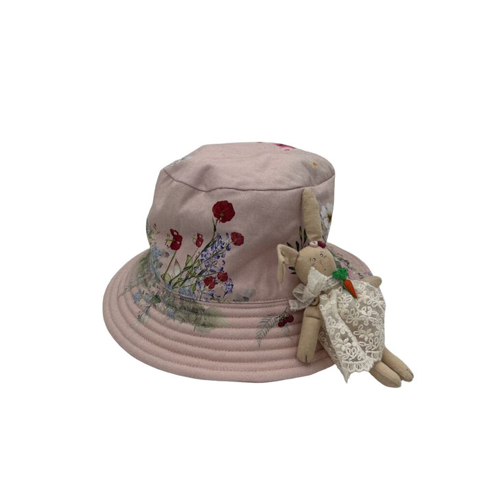 Cotton Floral Bucket Hat w/ Bunny Brooch