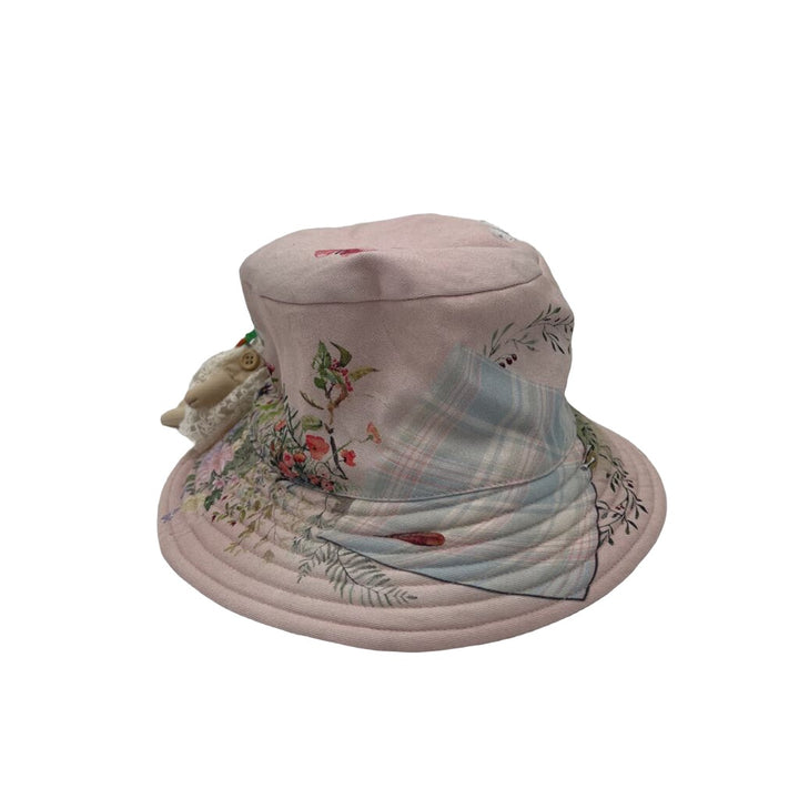 Cotton Floral Bucket Hat w/ Bunny Brooch