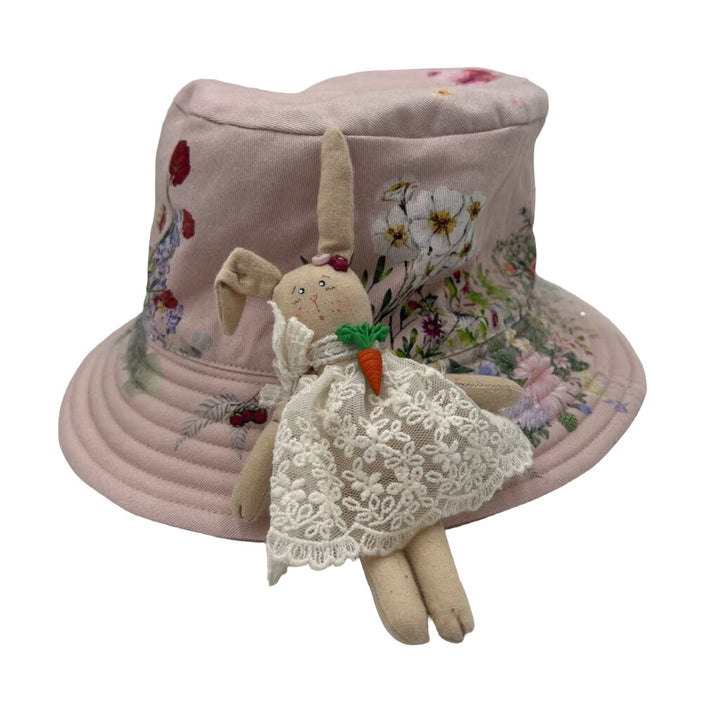 Cotton Floral Bucket Hat w/ Bunny Brooch