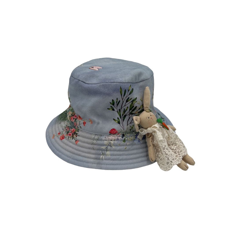 Cotton Floral Bucket Hat w/ Bunny Brooch