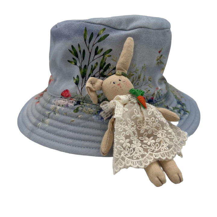 Cotton Floral Bucket Hat w/ Bunny Brooch