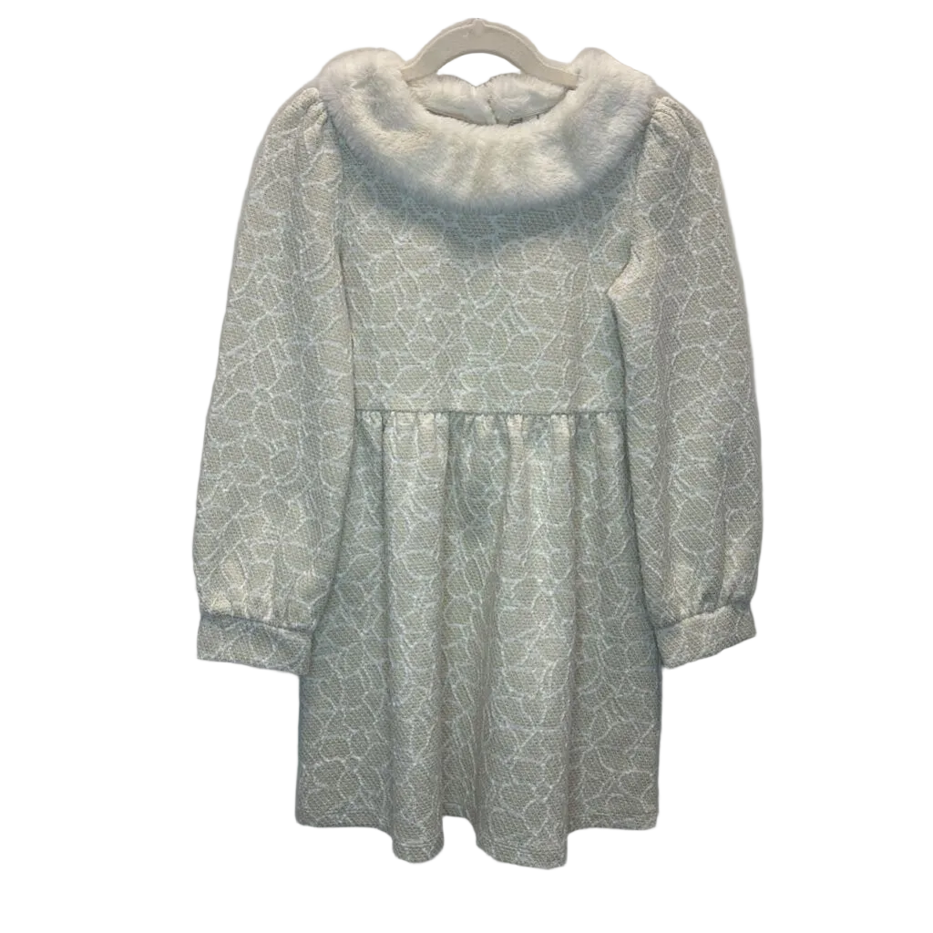 LS Fur Collared Dress/Flower Pattern/Gold Tweed