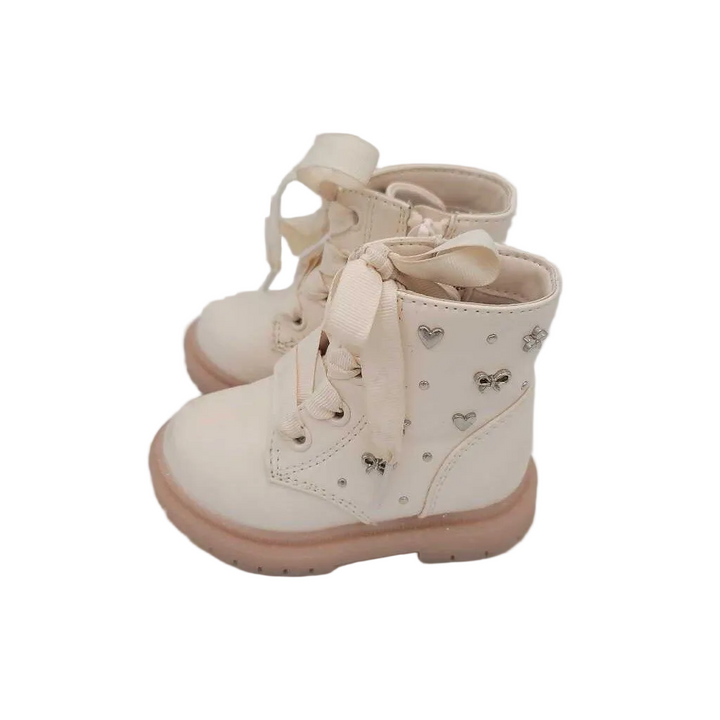 Lace Plush Zip Up Boots / Heart Bow Studs