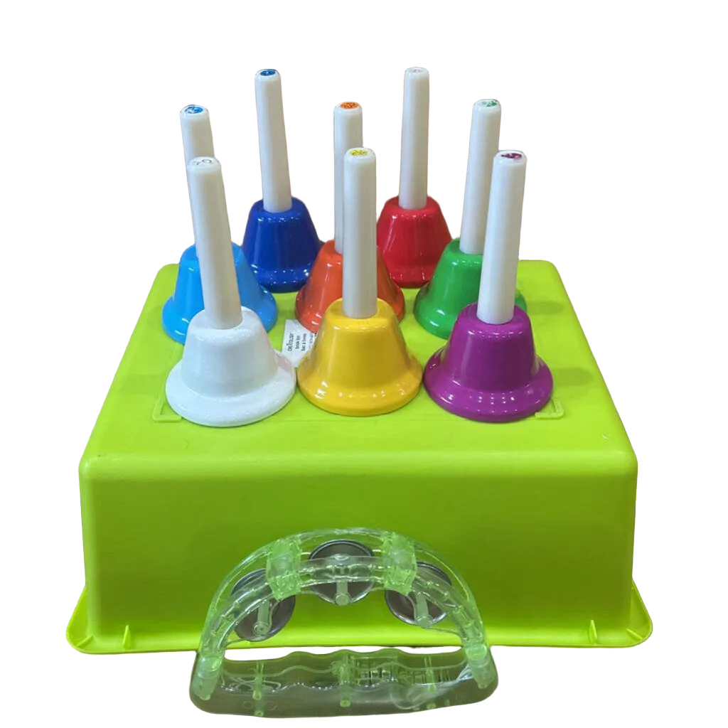 Eight Metal Hand Bells & Tambourine