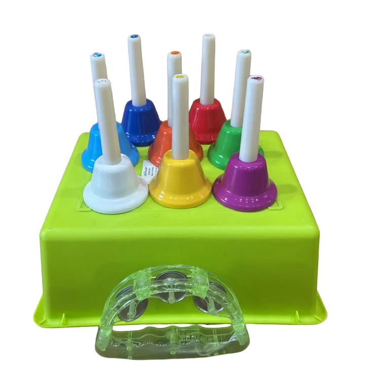 Eight Metal Hand Bells & Tambourine
