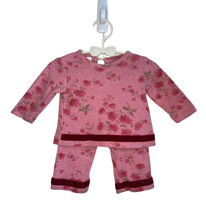 LS + Pants Set / Velvet Trim / Flowers